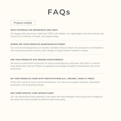 Voyager Silk FAQ graphic with answers to common questions about the brand and its silk scarves.