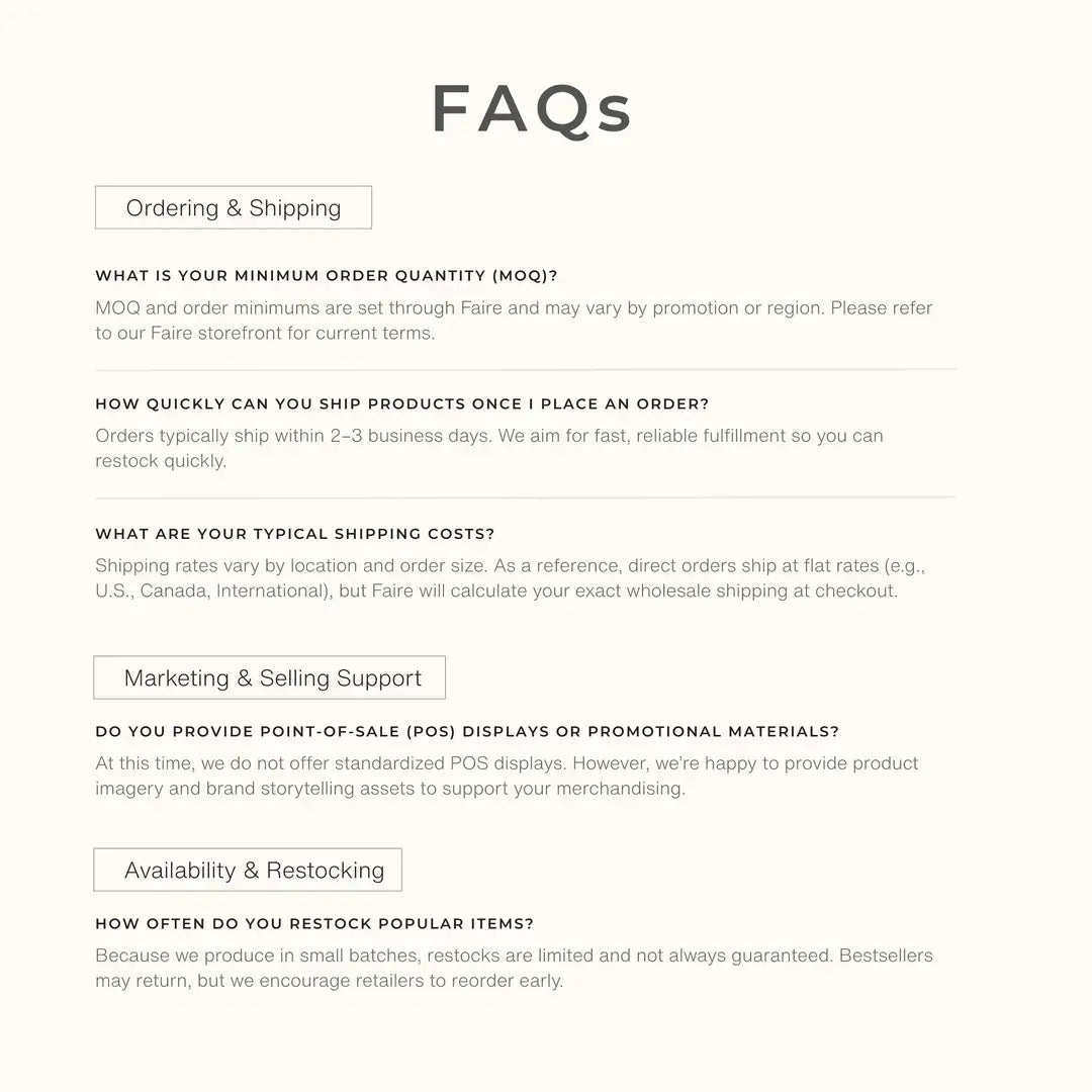 Voyager Silk ordering and shipping FAQ graphic covering minimum order quantities, ordering, shipping, and restocking information.