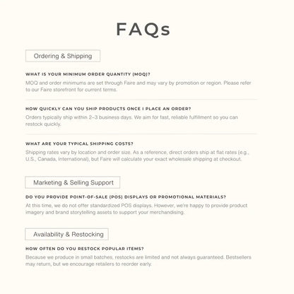 Voyager Silk ordering and shipping FAQ graphic covering minimum order quantities, ordering, shipping, and restocking information.