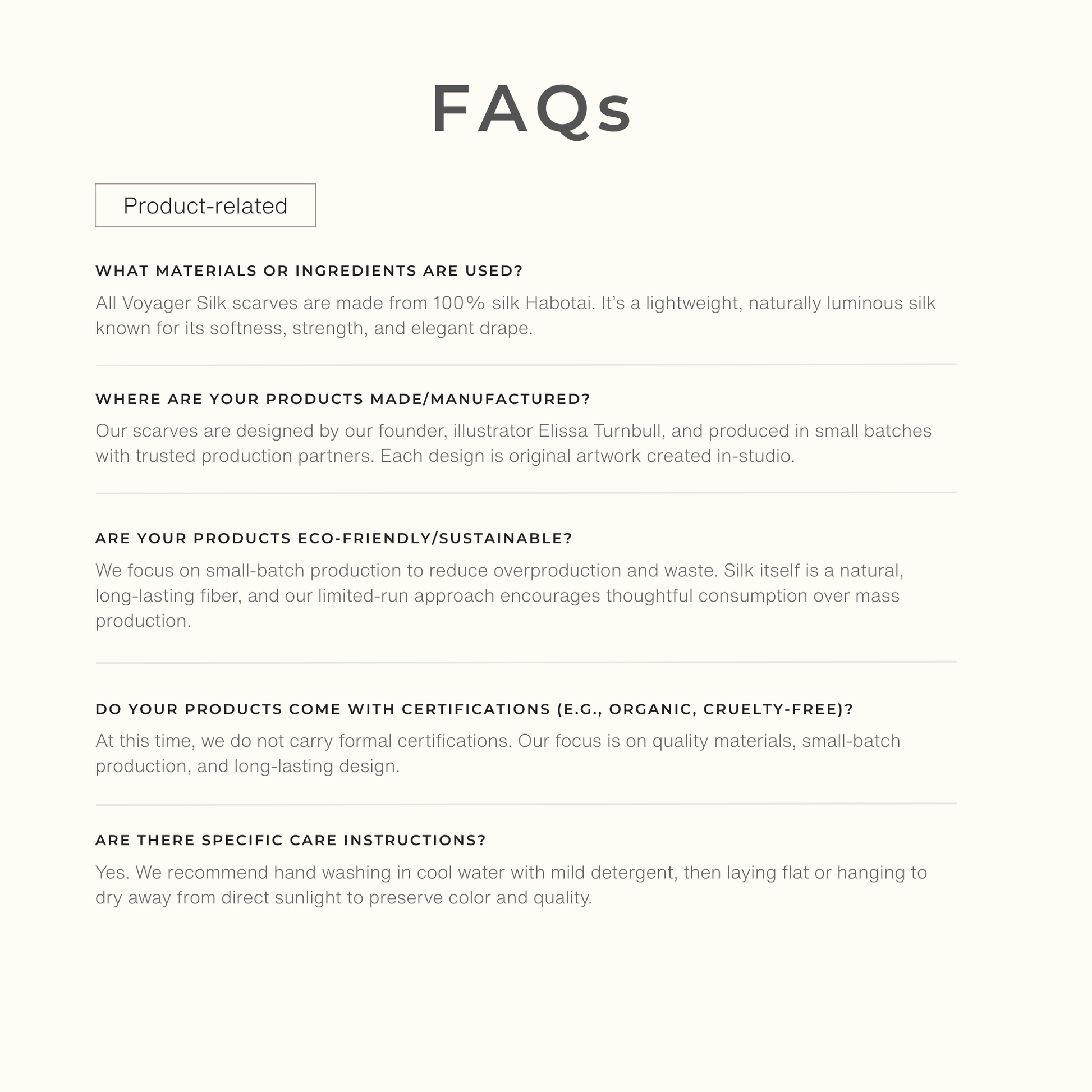 Voyager Silk FAQ graphic with product-related questions about scarf materials, sizing, and care.