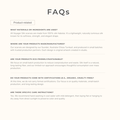 Voyager Silk FAQ graphic answering common product questions about silk scarf materials, design, and care.
