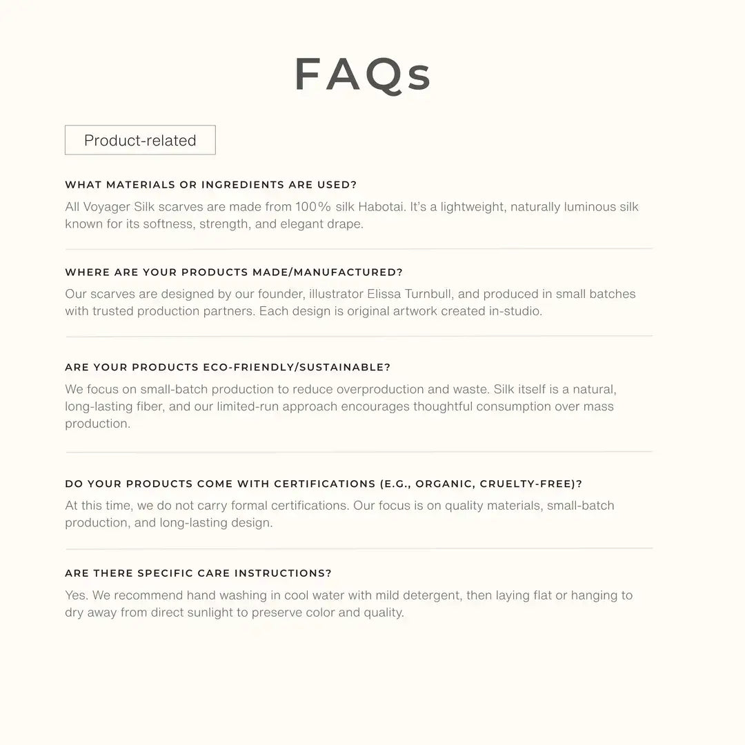 Voyager Silk product FAQ graphic with details about scarf materials, certifications, packaging, and care instructions.