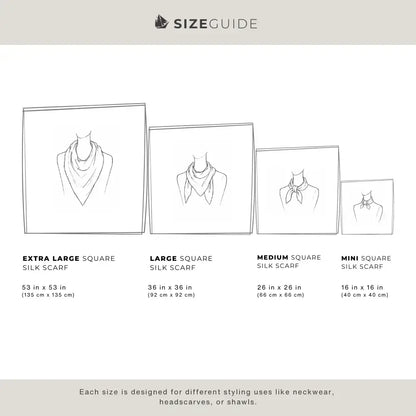 Voyager Silk size guide showing extra large, large, medium, and mini silk scarf sizing and styling options.