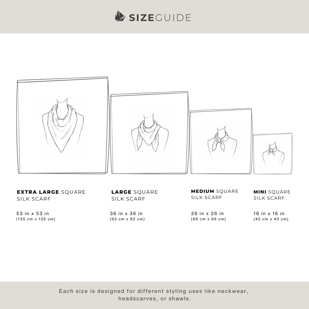 Voyager Silk size guide showing extra large, large, medium, and mini silk scarf size options.