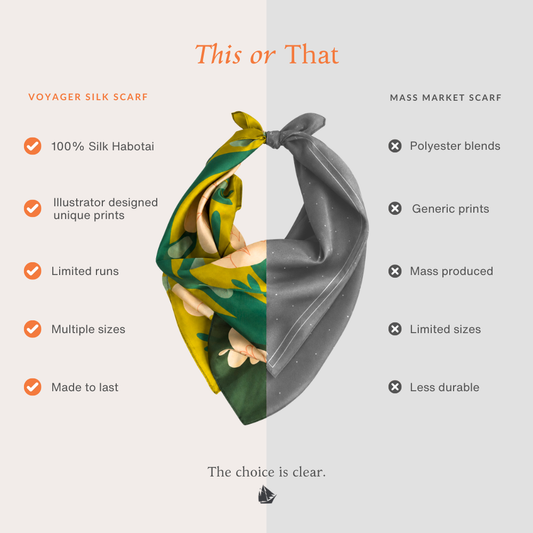 Comparison graphic showing Voyager Silk scarves as 100% silk Habotai, illustrator designed, limited run, multi-size, and made to last.