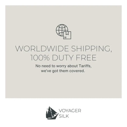 Voyager Silk graphic announcing worldwide shipping with duties and tariffs covered.
