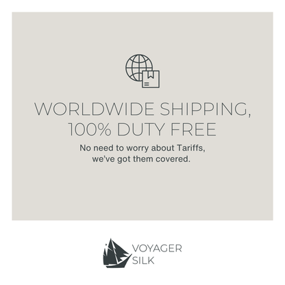 Voyager Silk worldwide shipping graphic with free US shipping message for silk scarf orders.