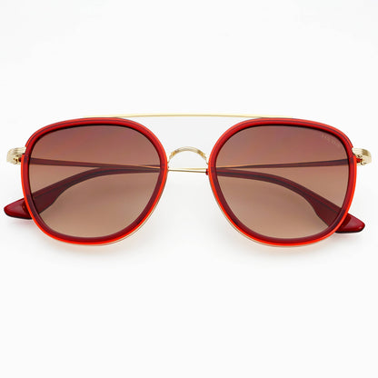 Weston round unisex sunglasses with red acetate frames, brown lenses, and gold-tone metal details, shown from the front.