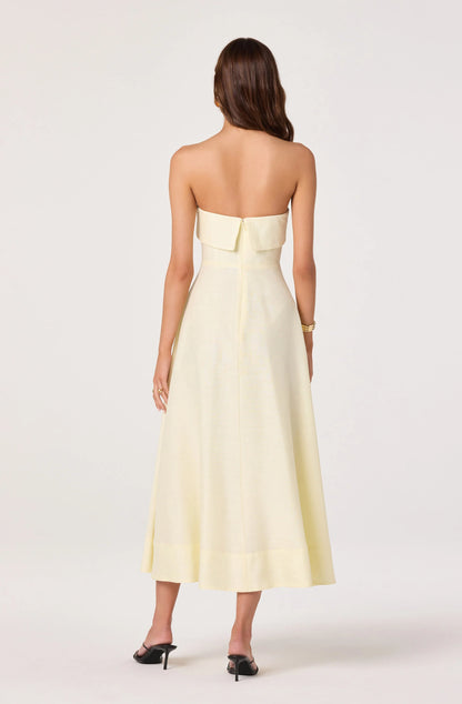 Back view of the Ximena Floral Strapless Midi Dress showing the strapless neckline, fitted bodice, and concealed center back zipper.