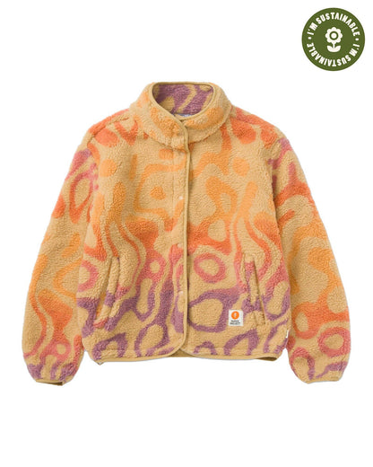 Yellowstone Geysers high-pile fleece jacket with an orange, yellow, and purple jacquard pattern, snap front, and stand collar.