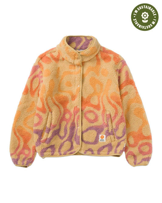 Yellowstone Geysers high-pile fleece jacket with an orange, yellow, and purple jacquard pattern, snap front, and stand collar.