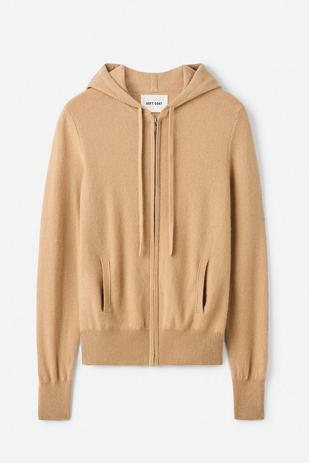 Front view of a camel cashmere zip hoodie featuring a full zip closure, drawstring hood, and front pockets