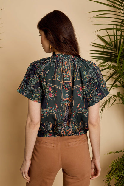 Back view of the Zola Top in Patchwork Flower showing the relaxed silhouette and patchwork floral print