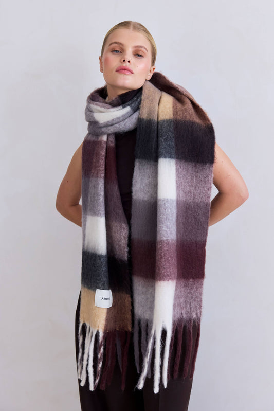The Reykjavik Scarf - 100% Recycled - Black Check Purple/Brown - FW25