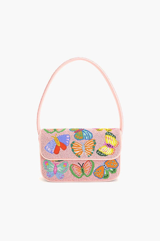 Front view of the Butterfly Garden Beaded Shoulder Bag with colorful butterfly beadwork, light pink PU binding, and a matching pink shoulder strap.
